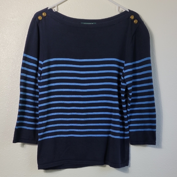 Ralph Lauren Women Stripe Boat Neck Sweater Pullover Size L Blue Nautical Beach - Picture 1 of 11